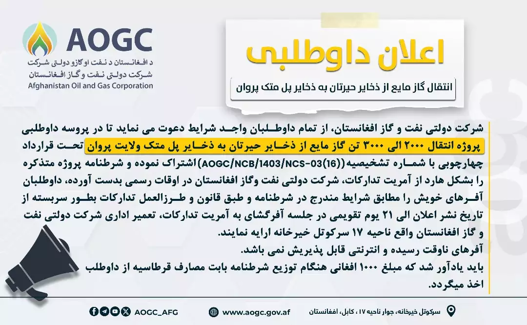 پروژه انتقال گاز مایع از ذخایر حیرتان به ذخایر پل متک ولایت پروان 